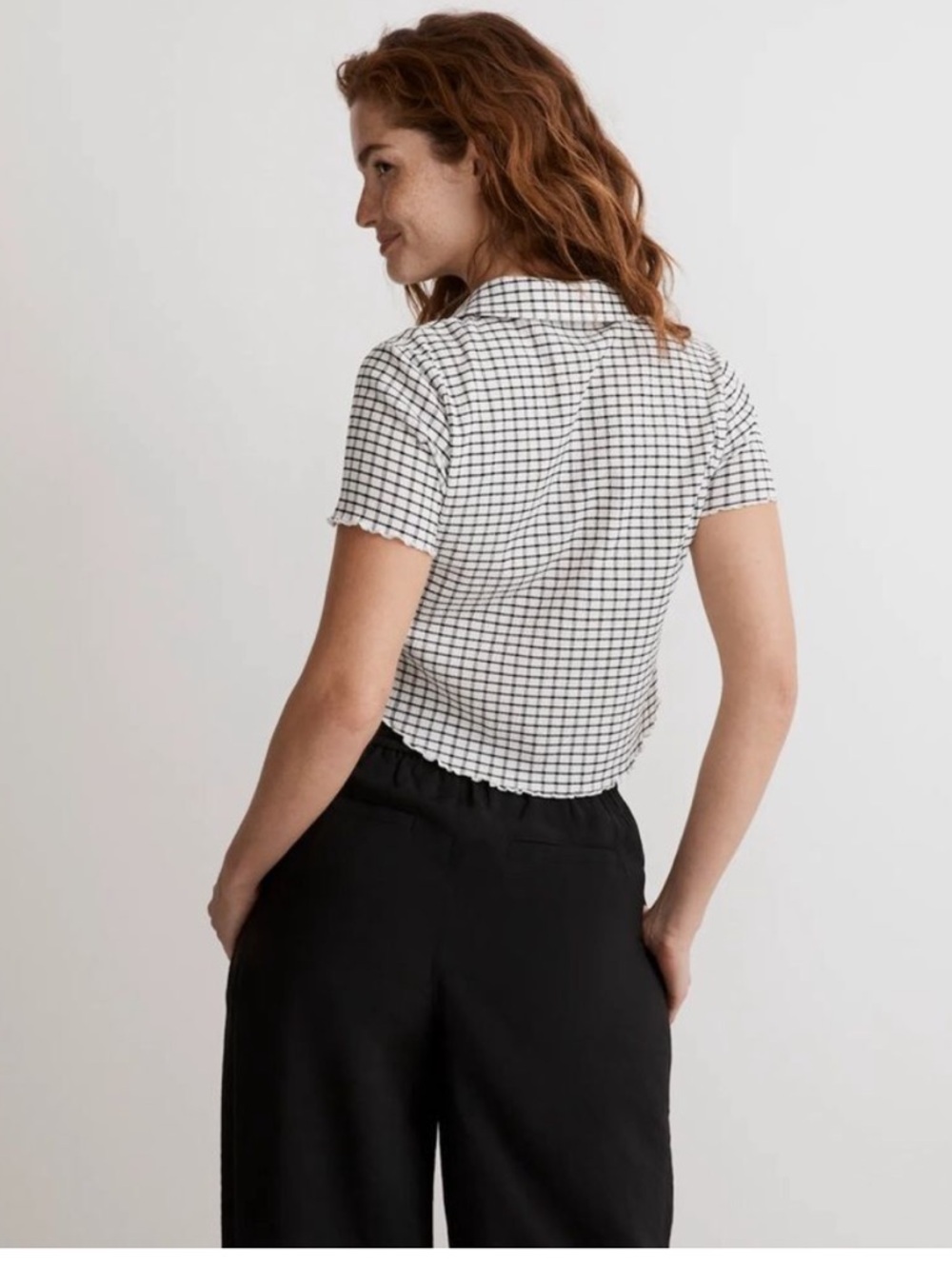Madewell Windowpane Plaid Crinkle Polo Crop Tee - Picture 3 of 9